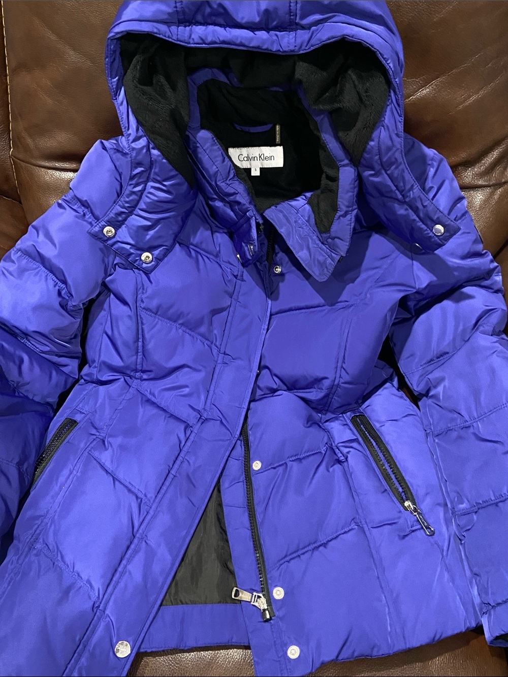 Calvin Klein Ladies Hooded Puffer Coat Blue/Purple Size Small
